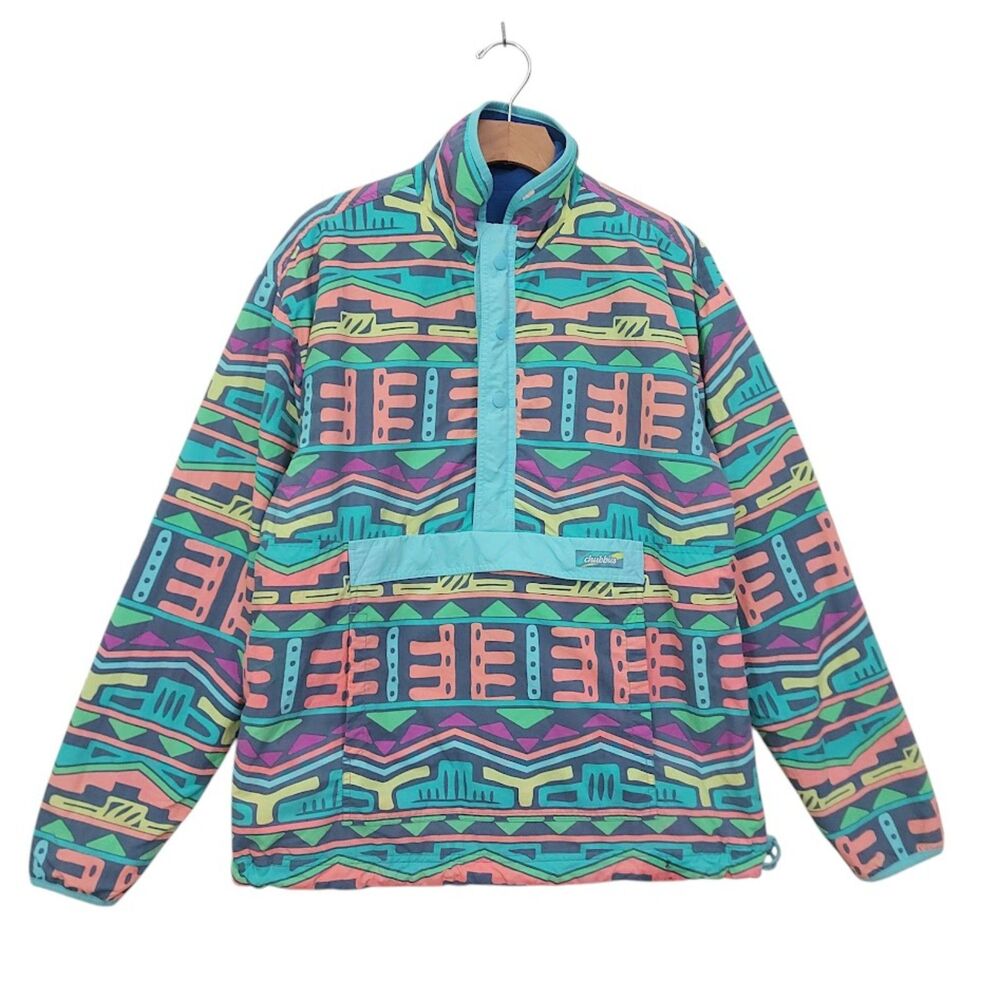 Chubbies Jacket Mens Medium Green Rad Retro Fleece Reversible 1/2 Snap Zip Polar